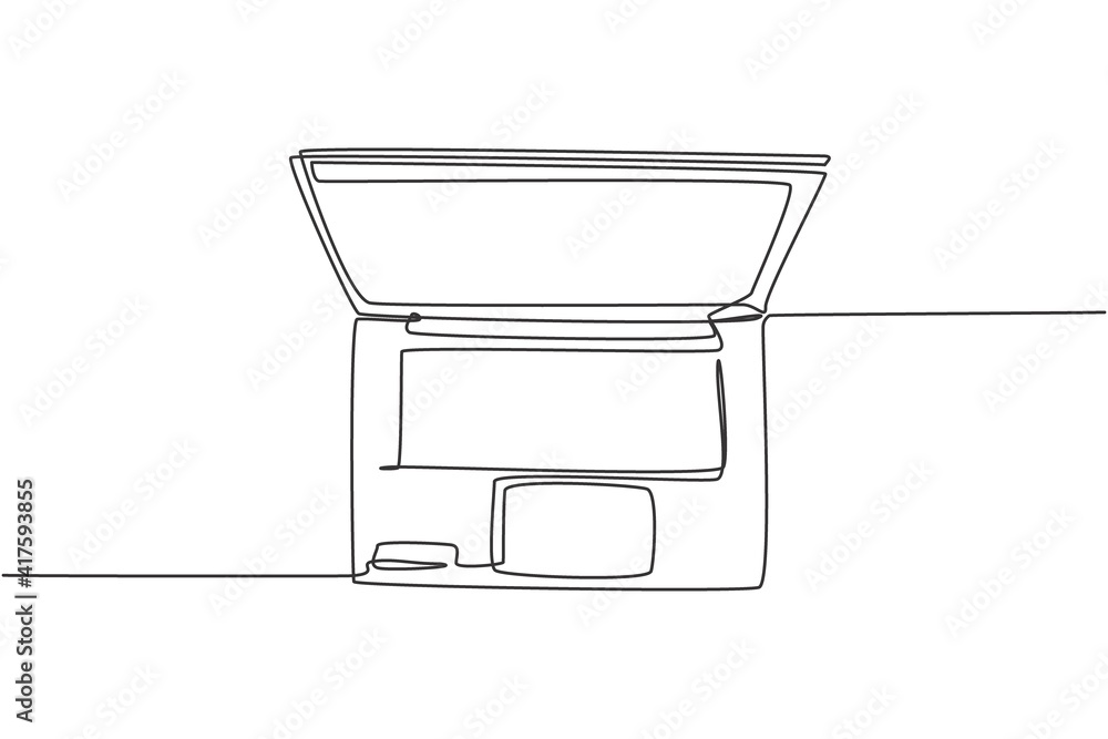 Poster one single line drawing of modern laptop computer for supporting business, top view. electricity sma