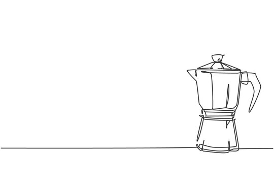 One single line drawing of coffeepot above the table at cafe. Electricity coffee drink maker tools concept. Dynamic continuous line graphic draw vector design illustration