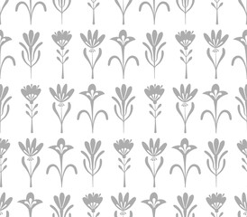 Folksy floral seamless vector pattern. Boho neutral grey flower tulip print. Folk art spring bloom background. 