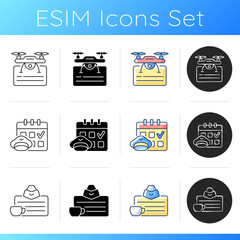 Aviation icons set. Getting drone license. Flight scheduling. Flight attendants license. Safety flights guarantee. Linear, black and RGB color styles. Isolated vector illustrations