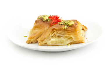 Oriental Arabic sweet warbat with qishta, kadayif, kunafa, with pistachio and cheese.