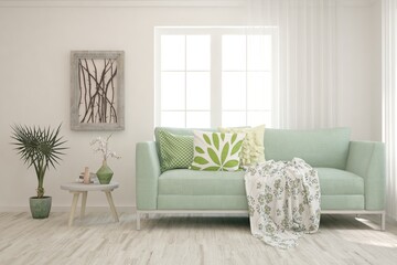 White living room with sofa. Scandinavian interior design. 3D illustration