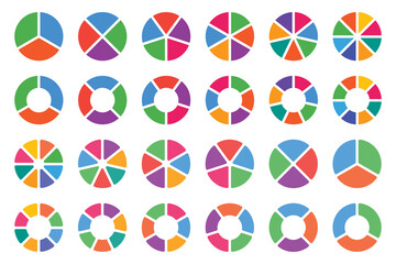 Pie chart icon set, ring percentage diagram collection,. Colorful diagram collection with ,3,4,5,6,7,8 sections and steps. Pie chart for data analysis, business presentation, UI, web design. 