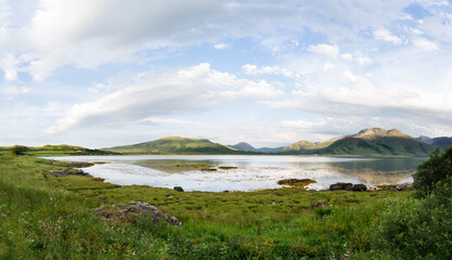 Isle of Mull Scotland UK countryside scene with Loch Na Keal and Mountains
