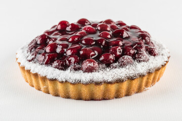 Cherry pie on a white background, isolated. Close-up with a copy space for the text.