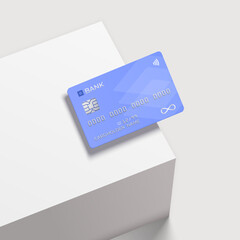 Bank card on a square white podium. Realistic mockup. Shopping discount plastic card. Template card for finance