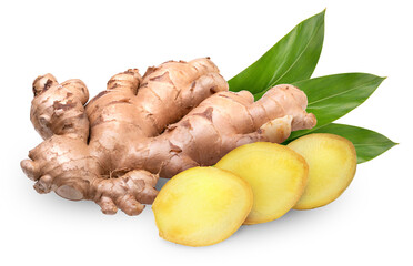 Fresh ginger with green leaves isolated on white background, Ginger root on white background With...
