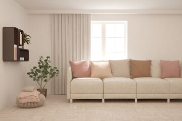 White living room with sofa. Scandinavian interior design. 3D illustration