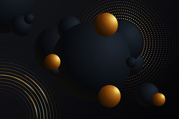 Stylish decorative backgrounds for your landing page, web, app design. Stylish disco circles vibe background. Trendy wallpaper of motion with black, gold ball, and gradient particles. Dynamic spheres 