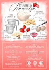 How to make a Strawberry tiramisu. Illustrated recipe poster, with instructions and hand drawn ingredients - 417595837