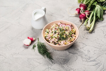 Summer yogurt cold soup with egg, cucumber, sausage and dill in a plate on a light background with a milk jug to add liquid to the soup.