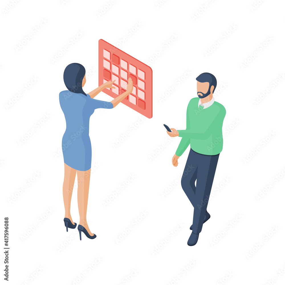 Poster man and woman entering code in digital device