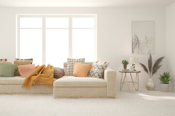 White living room with sofa. Scandinavian interior design. 3D illustration