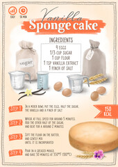 How to make a Vanilla sponge cake. Illustrated recipe poster, with instructions and hand drawn ingredients - 417596046