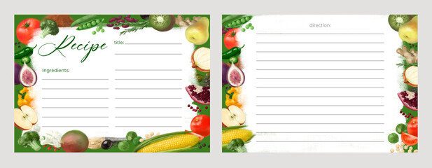Set of recipe card templates for making notes about preparation of food and cooking ingredients. Clean cookbook pages decorated vegetables and fruits. - 417596280