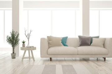 White living room with sofa. Scandinavian interior design. 3D illustration