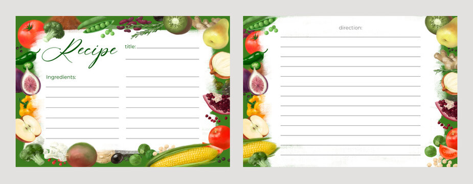 Set of recipe card templates for making notes about preparation of food and cooking ingredients. Clean cookbook pages decorated vegetables and fruits.