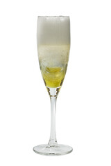 A Prosecco wine glass with gold-colored liqueur and ice.Isolated on a white background
