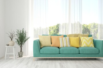 White living room with sofa and summer landscape in window. Scandinavian interior design. 3D illustration