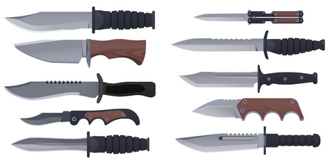 Knives or combat weapon blades, military and hunting daggers, vector different model types. Dirk blades, pocketknife, foldable jackknife or penknife, camper, trapper sword and hunter knife blades - obrazy, fototapety, plakaty