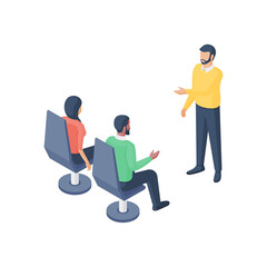 Boss speaking with employees during meeting in office