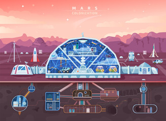 Mars colonization, space planet colony background, vector future life. Mars colonization mission and galaxy civilization base in galaxy universe, astronauts city landscape, spaceships and architecture © Elegant Solution