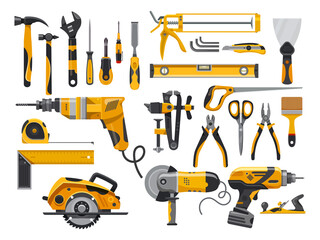 Work tools, construction instruments for repair, woodworking and renovation, vector flat isolated yellow set. Home remodeling, carpentry and masonry building tools, electric drill, screwdriver and saw