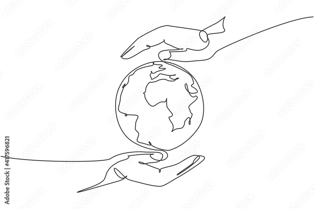 Aufkleber hand hold globe earth. single continuous line world global map graphic icon. simple one line doodle 