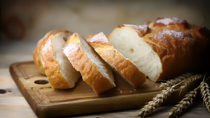 Fresh wheat bread slices on a wooden surface. Ears of wheat. Rustic style.