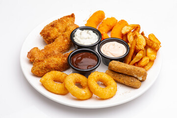 Combo plate of Onion Rings, Mozzarella cheese, Wedges, Breaded Shrimps, Chicken Sticks.