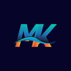 Initial letter logo MK company name blue and orange color swoosh design. vector logotype for business and company identity.
