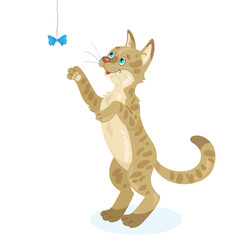 Funny kitten plays with a bowknot, standing on its hind legs. In cartoon style. Isolated on white background. Vector illustration