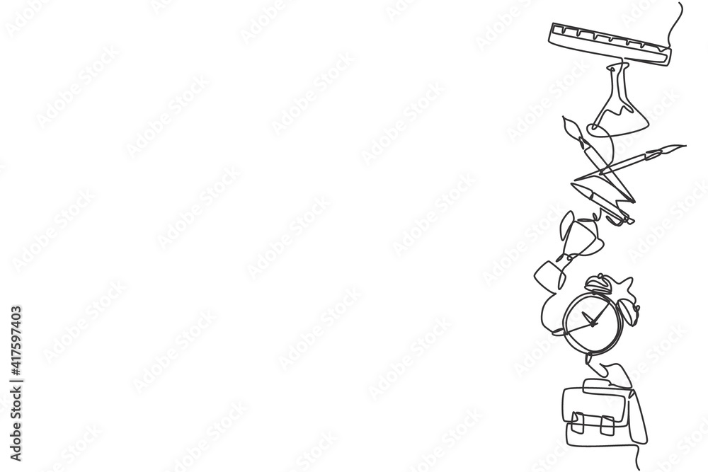 Poster single continuous line drawing of flask, trophy, alarm clock, briefcase set for page layout. back to
