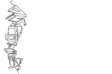 Continuous one line drawing of school bag, ruler, trophy, pencil set for page layout. Back to school hand drawn minimalism concept. Single line draw design for education vector graphic illustration