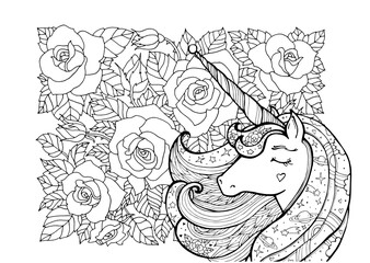 Unicorn and rose pattern. Magical animal. Space pattern, stars, sparkle, rainbow. Black and white. Coloring book pages. Zentangle Illustration. Fairy tale concept, amazing wonderland