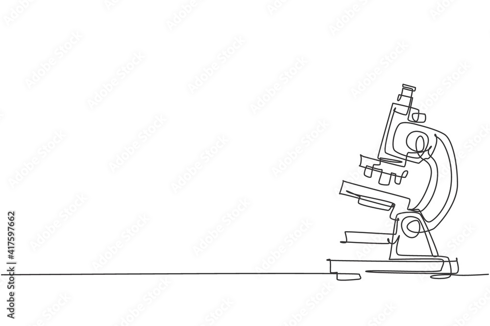 Poster single one line drawing of lab microscope to magnify bacteria size under the lens. back to school mi