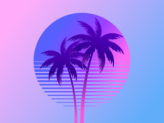 Fototapeta na wymiar Two palm trees on a sunset 80s retro sci-fi style. Summer time. Futuristic sun retro wave. Design for advertising brochures, banners, posters, travel agencies. Vector illustration