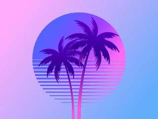 Poster Two palm trees on a sunset 80s retro sci-fi style. Summer time. Futuristic sun retro wave. Design for advertising brochures, banners, posters, travel agencies. Vector illustration © andyvi