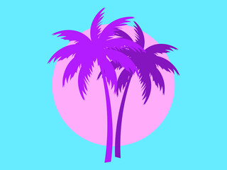 Fototapeta na wymiar Two palm trees against a pink sun in the style of the 80s. Synthwave and 80s style retrowave. Design for advertising brochures, banners, posters, travel agencies. Vector illustration