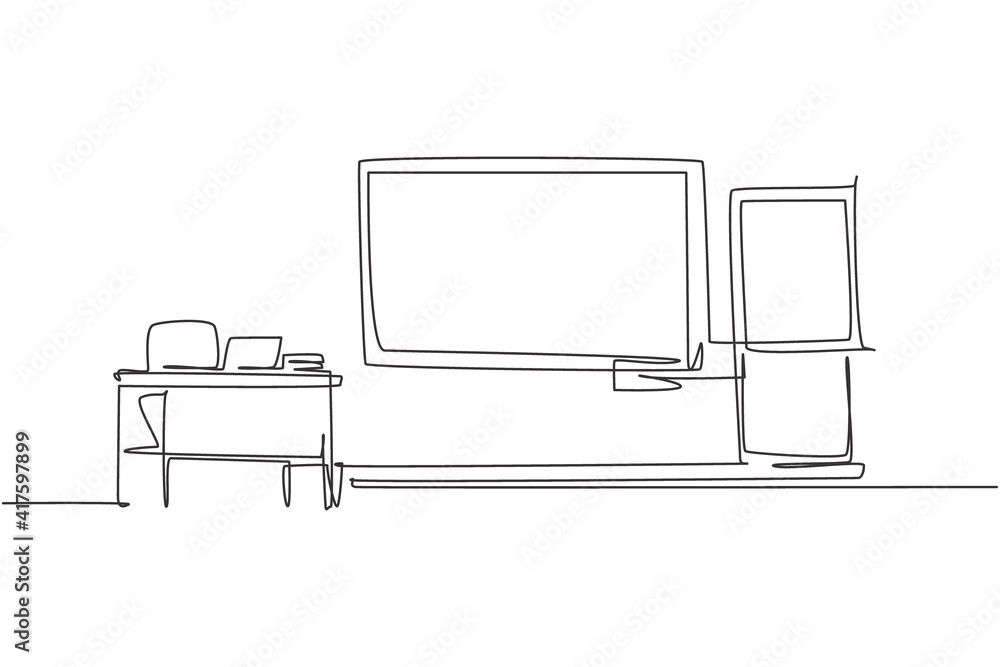 Poster single continuous line drawing school classroom interior with blackboard in front of class. back to 