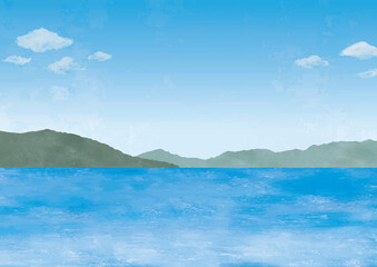 海と山の景色水彩画