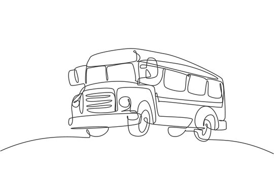 Single one line drawing of old classic school bus for elementary school student. Back to school minimalist, education concept. Continuous simple line draw style design graphic vector illustration