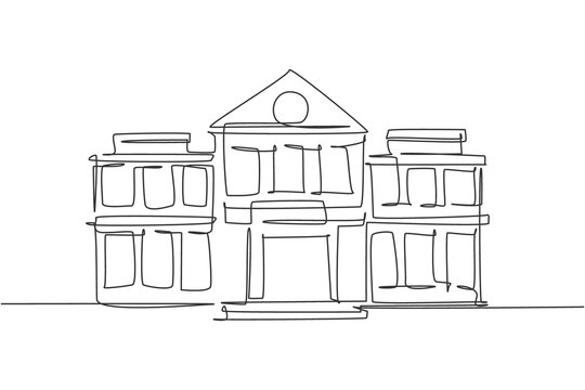 Single continuous line drawing of second story elementary school building. Back to school minimalist style. Education concept. Modern one line draw graphic design vector illustration
