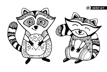 Raccoons isolated. Cute cartoon animal. Funny character. Vector. Black and white. Coloring book pages for children, kids. Zentangle artwork. Illustration, gift greeting card, branding, logo, label