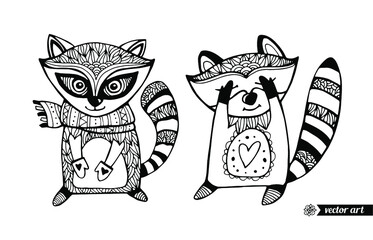 Raccoons isolated. Hide-and-seek game. Cute cartoon animal. Funny character. Vector. Black and white. Coloring book pages for children, kids. Zentangle artwork. Illustration, branding, logo, label