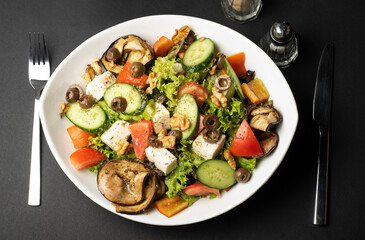 Vegetarian Salad of eggplant Halloumi, fresh tomatoes, lettuce, cucumber and nuts in top view.