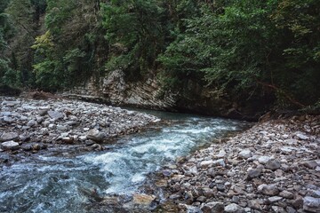 the rushing water of a mountain river
