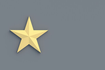 One golden star on gray background. Top view. Copy space. 3d rendering