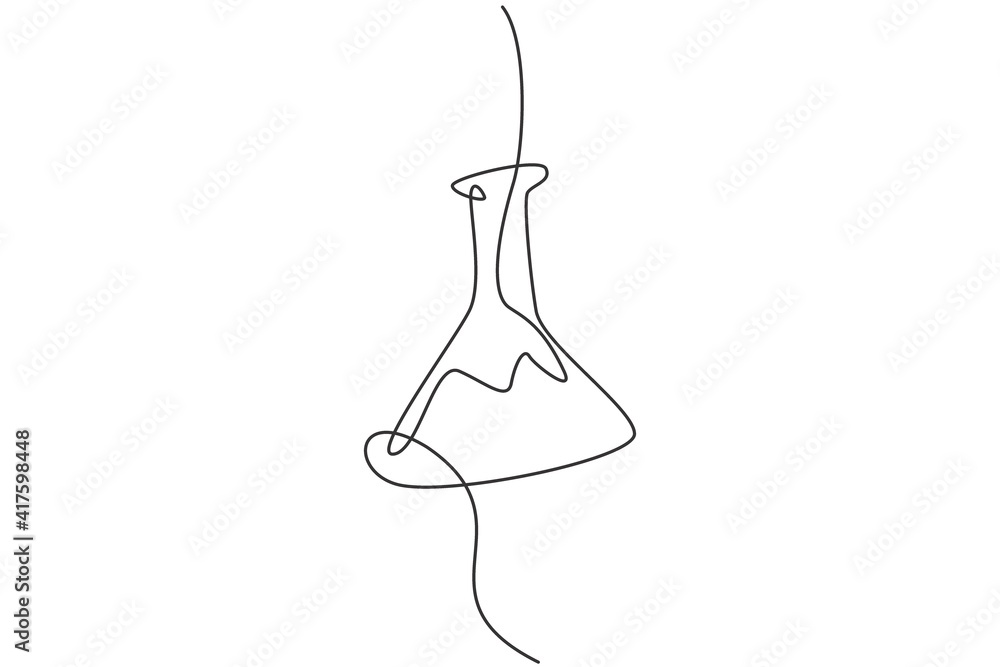 Poster single continuous line drawing of flask glass for experiment liquid on laboratory. back to school mi