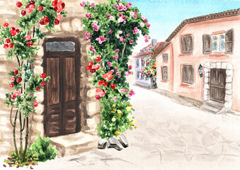 Fototapeta na wymiar Rural street with houses and rose flowers, Hand drawn watercolor illustration